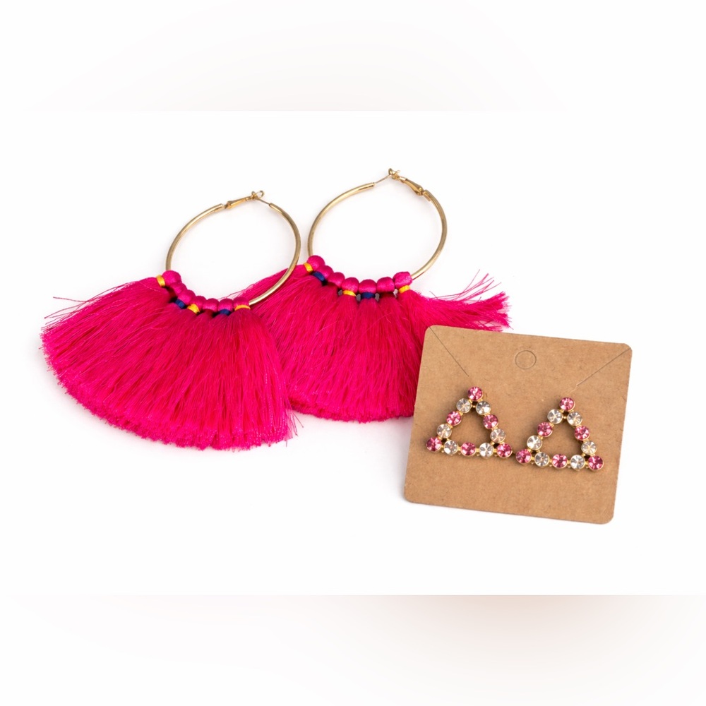 Hot Pink Tassel Hoop Earrings + Rhinestone Stud Bundle Statement Set